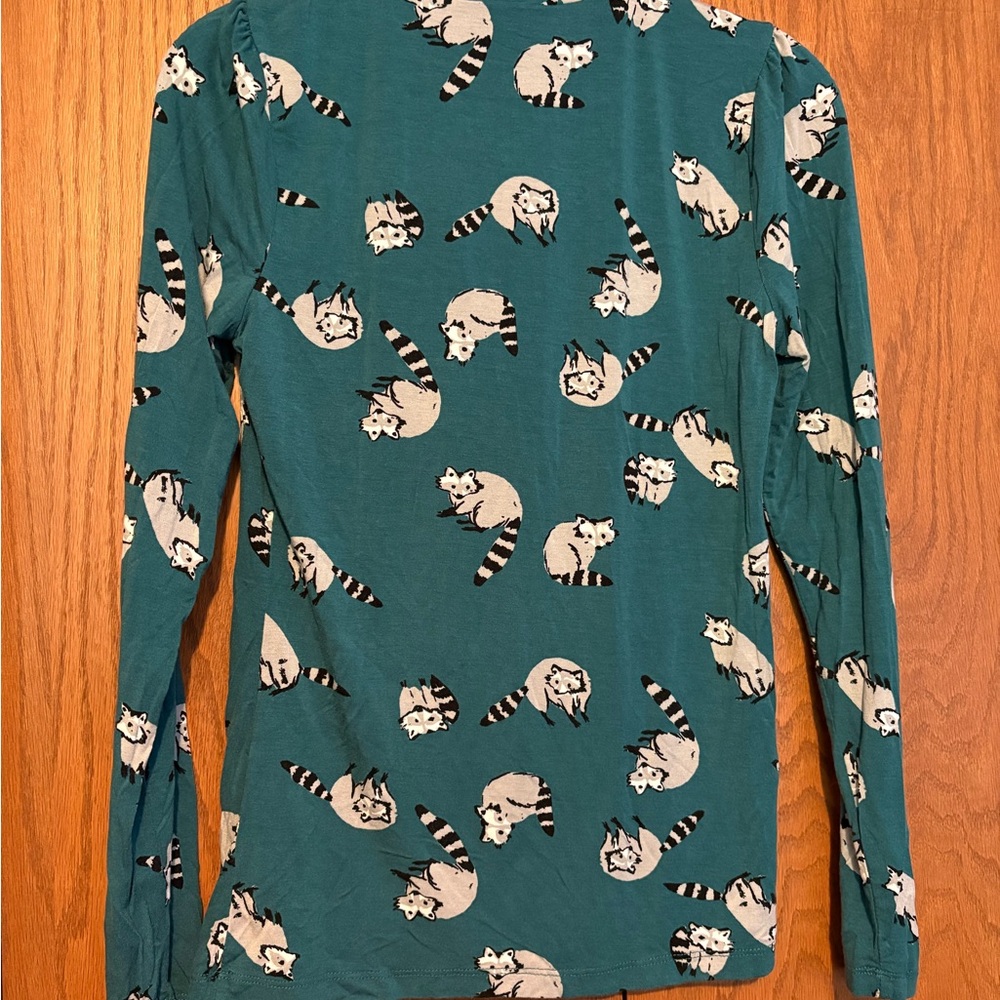 Modcloth Teal Raccoon Print Long Sleeve Top - Picture 2 of 4